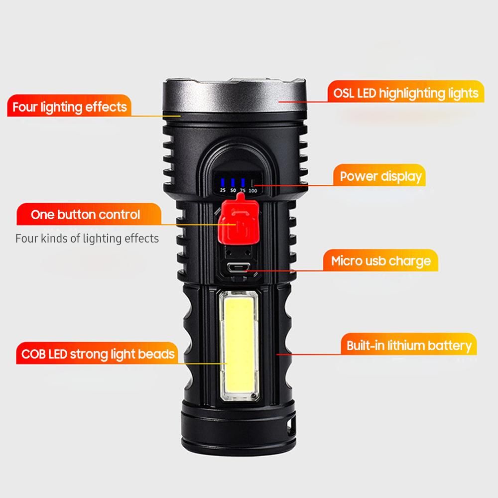 USB Charge Flashlight Portable Super Bright Outdoor LED COB High Quality Flashlight with Four Lighting Modes SOS Flash Waterproof Built-in Lithium Battery for Camping Hiking Emergency