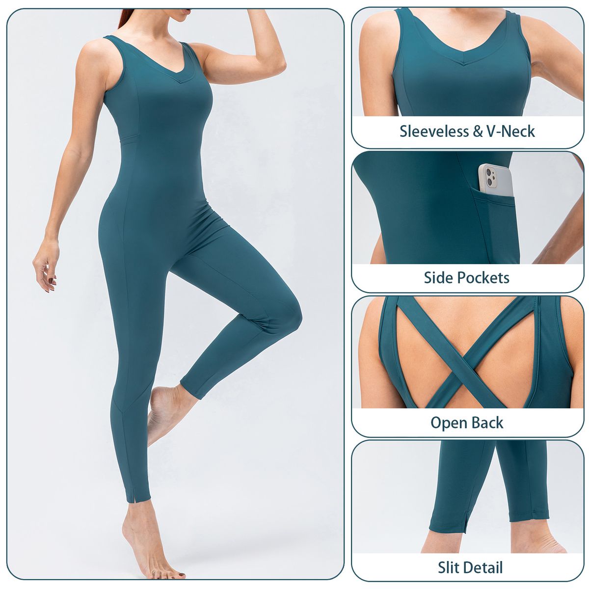 Women Yoga Jumpsuit With Pockets Sleeveless Leggings Open
