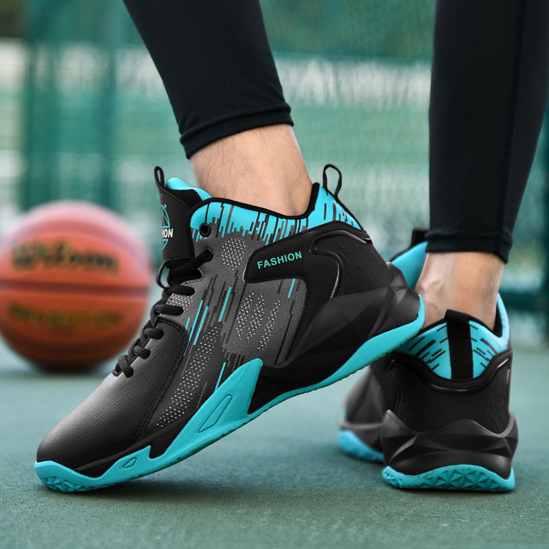 Men's Basketball Shoes Non-slip Leather Sneakers-Black Blue