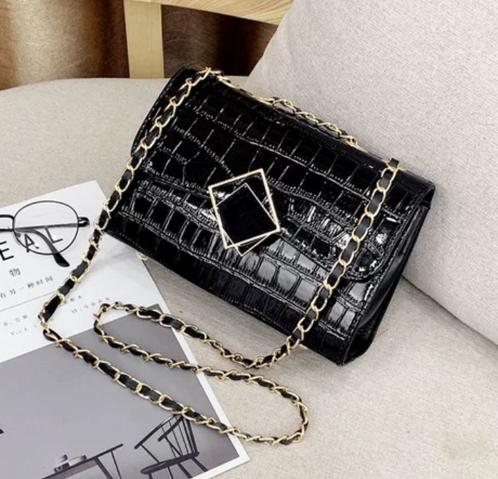 Ladies Fashion Quality Glossy Handbag- Black
