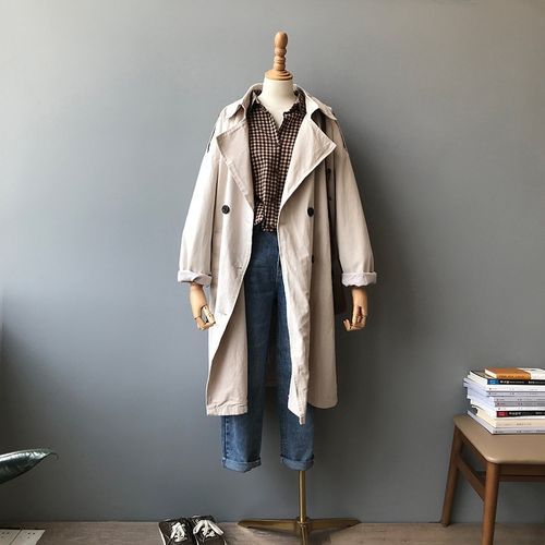 Ladies Loose Solid Color Lapel Long-sleeved Mid-length Windbreaker Jacket - Creamy