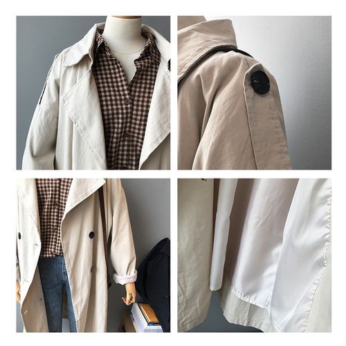 Ladies Loose Solid Color Lapel Long-sleeved Mid-length Windbreaker Jacket - Creamy