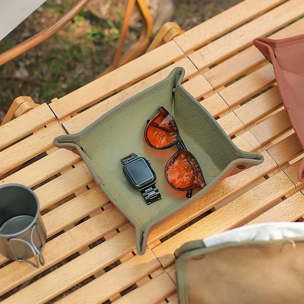 Camping Canvas Storage Tray Outdoor Desktop Keys Camera Watch Sundries Makeup Lipstick Folding Tray Cosmetics Wallet Storage Plate