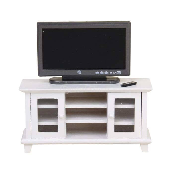 White Wooden TV Cabinet And Television 12th Dolls House Miniature