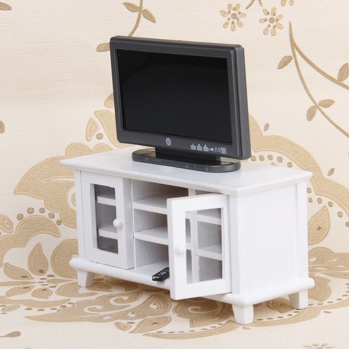White Wooden TV Cabinet And Television 12th Dolls House Miniature