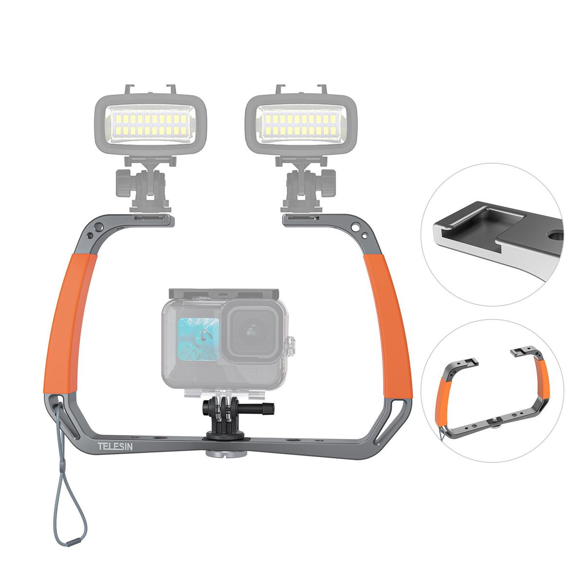 TELESIN TE-HBM-002 Sports Camera Diving Rig Handheld Underwater Stabilizer Bracket Dual Handle Aluminum Alloy Action Camera Holder with Dual Cold Shoe Mounts 1/4 Inch & 3/8 Inch Screw Holes Replacement for GoPro Hero 10/9/8