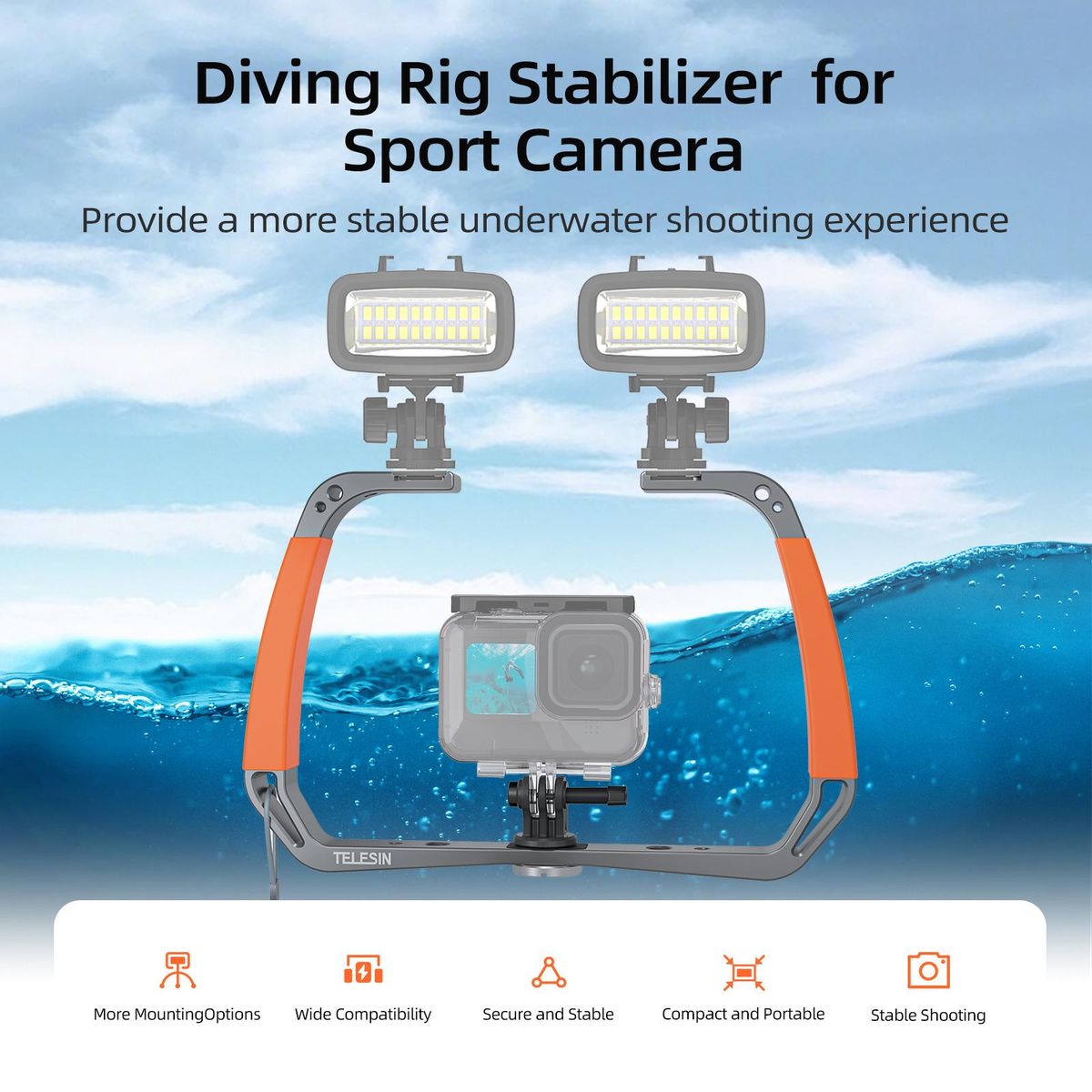 TELESIN TE-HBM-002 Sports Camera Diving Rig Handheld Underwater Stabilizer Bracket Dual Handle Aluminum Alloy Action Camera Holder with Dual Cold Shoe Mounts 1/4 Inch & 3/8 Inch Screw Holes Replacement for GoPro Hero 10/9/8