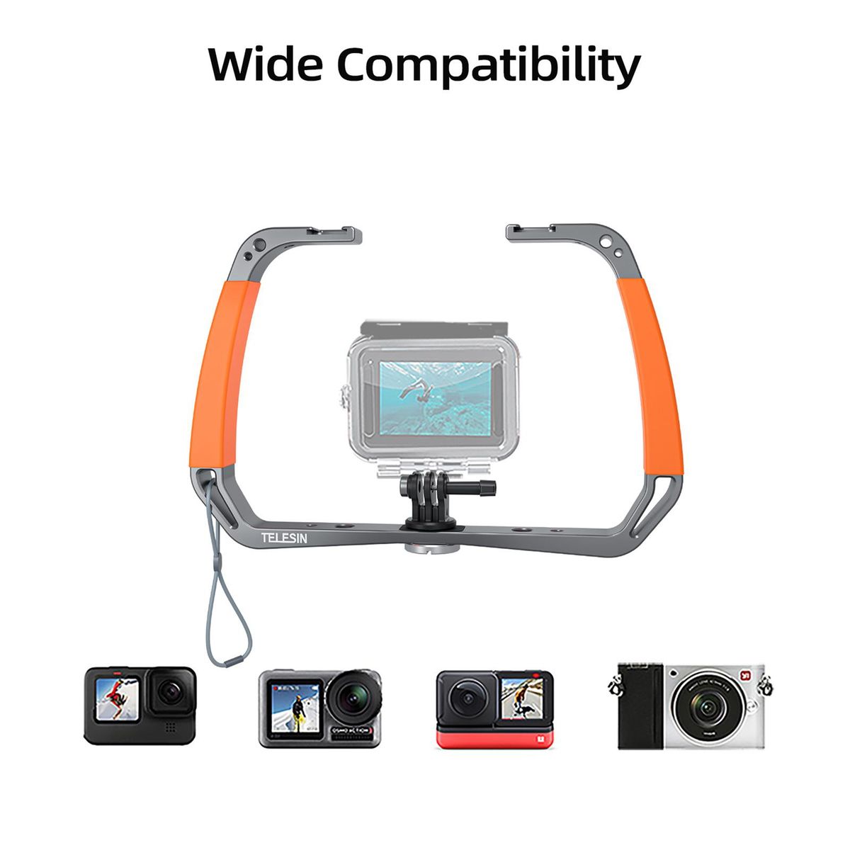 TELESIN TE-HBM-002 Sports Camera Diving Rig Handheld Underwater Stabilizer Bracket Dual Handle Aluminum Alloy Action Camera Holder with Dual Cold Shoe Mounts 1/4 Inch & 3/8 Inch Screw Holes Replacement for GoPro Hero 10/9/8