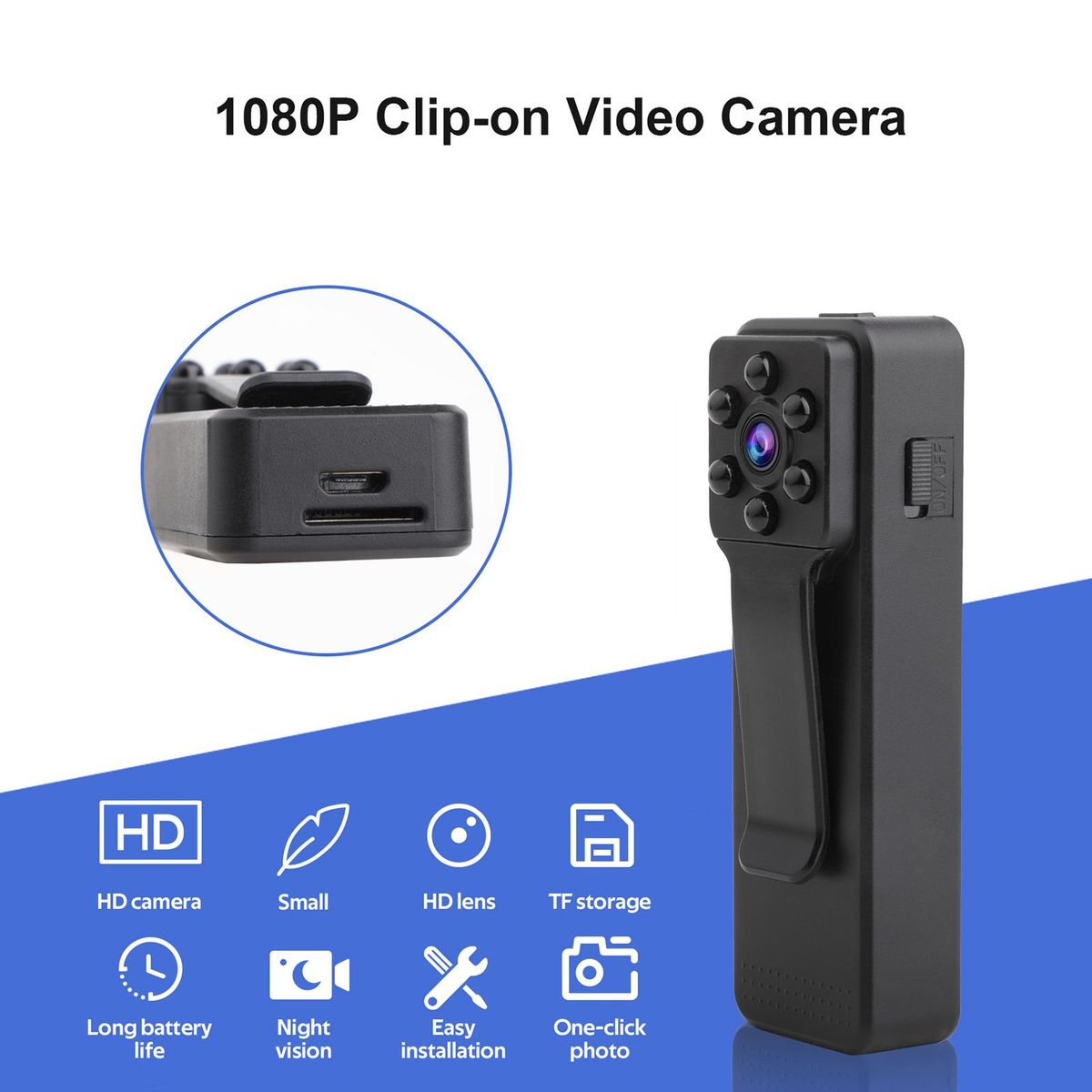 1080P Video Camera Clip-on Mini Camcorder Video Recorder Sports DV Camera Night Vision Built-in Lithium Battery for Outdoor Sports Interview Video Recording