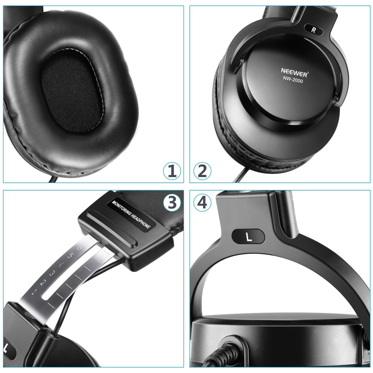 Studio Monitor Headphones - Dynamic Rotatable Headsets With 40mm Loudhailer Driver, 3 Meters Cable, 6.35mm Plug Adapter For PC, Cell Phones, TV (NW-2000)