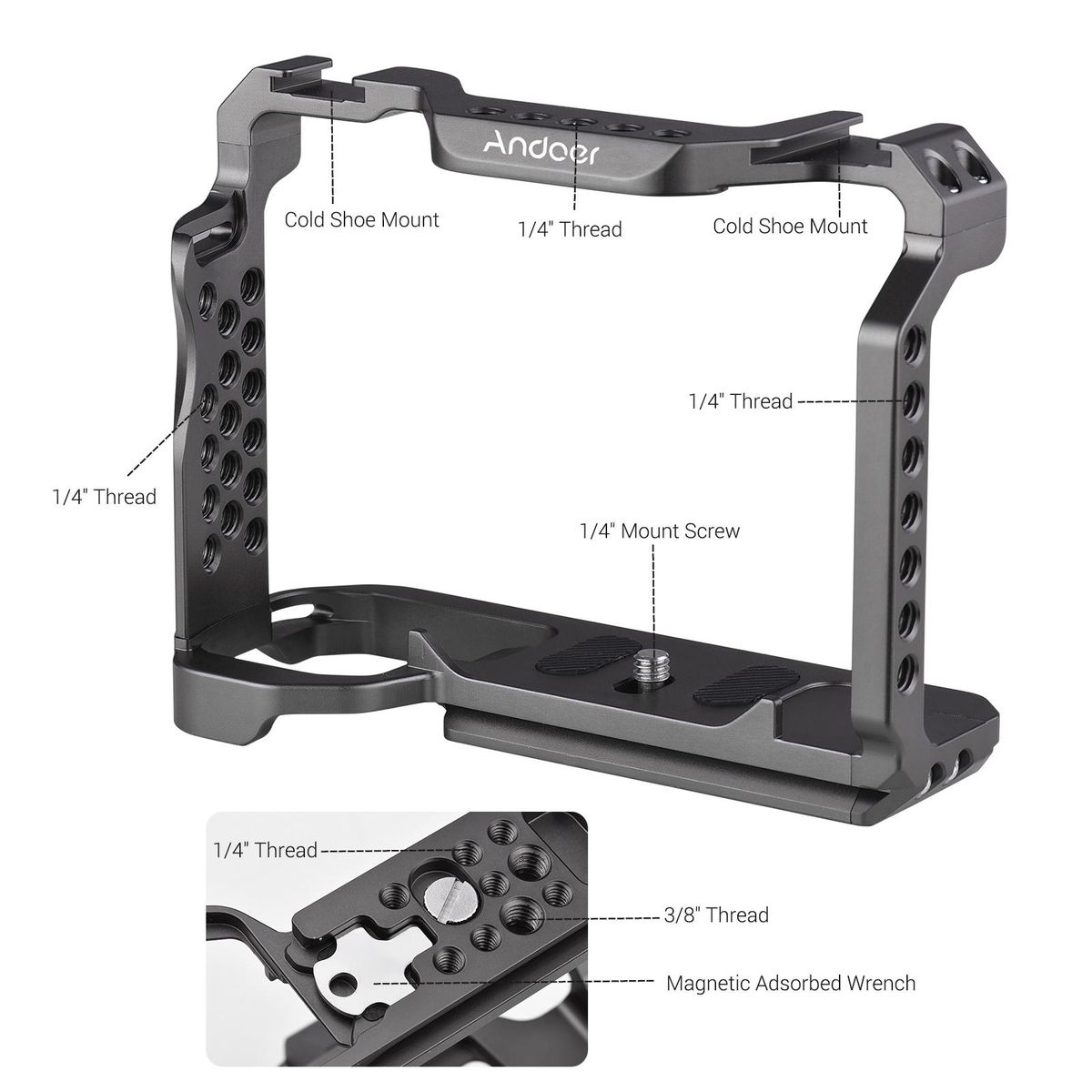 Andoer Aluminum Alloy Camera Cage with Dual Cold Shoe Universal 1/4 3/8inch Threaded Holes with Magnetic Wrench Replacement for Sony A7SIII