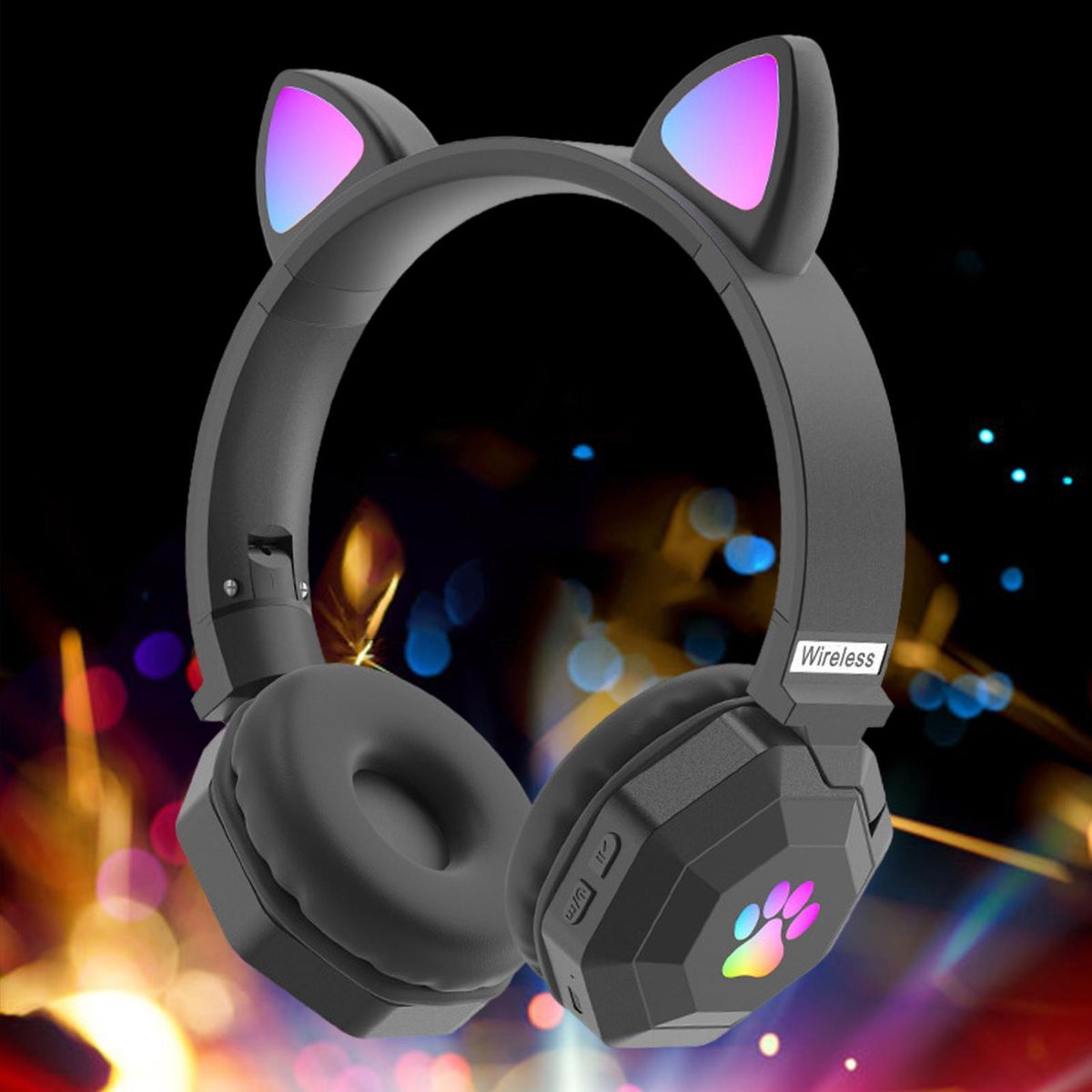 Over Ear Cat Ear Wireless Headphones Noise Canceling With Mic Black