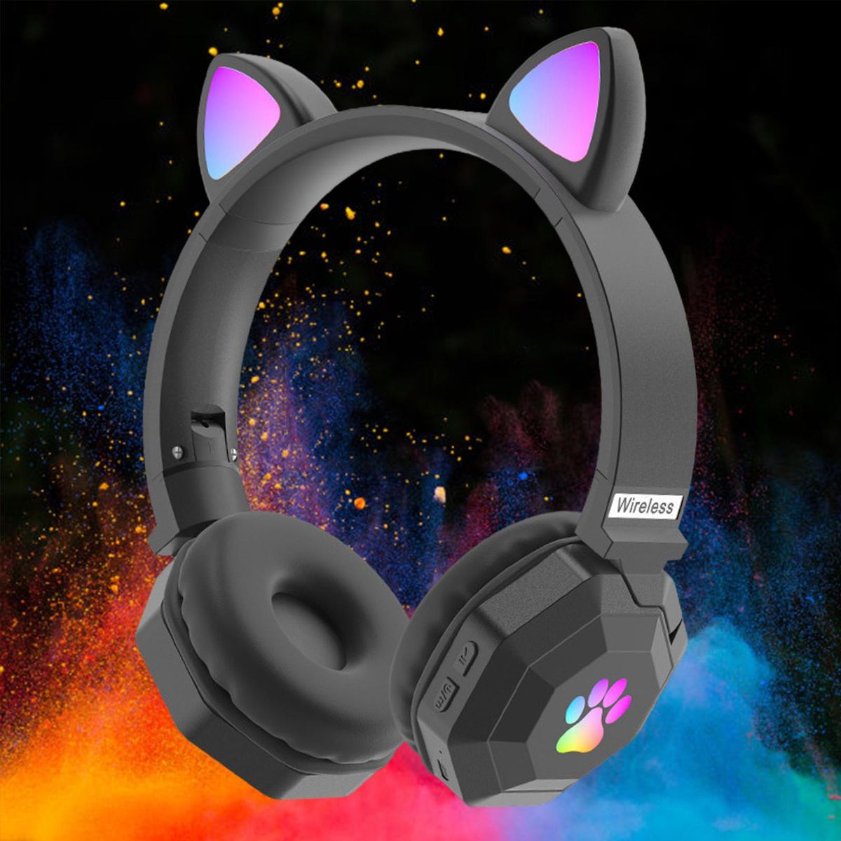 Over Ear Cat Ear Wireless Headphones Noise Canceling With Mic Black