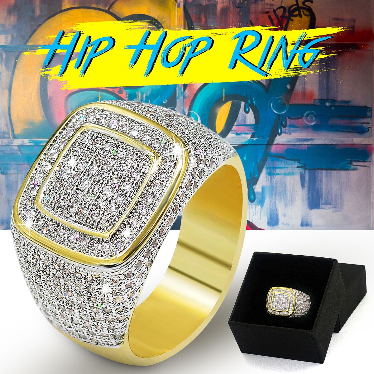 Gold Cluster Simulated Diamond Band Micropave Mens Ring Bling No.7