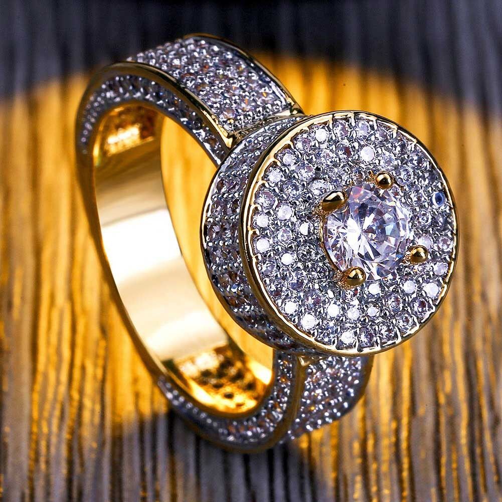 18K Gold Rhodium Plated OUT Simulated Diamond Band MICROPAVE Mens Women Ring Size 9