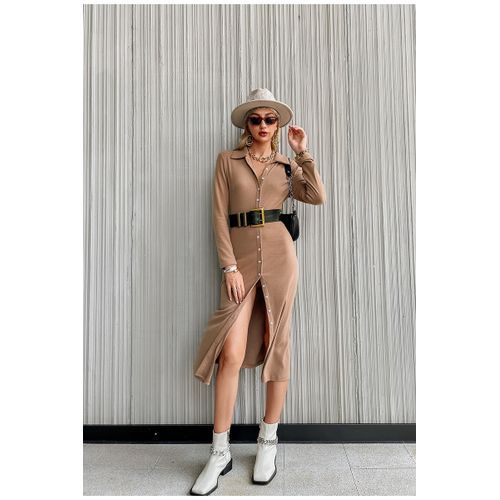 Women Lapel Slim Collar Casual Mid-length Long Sleeve Street Wear - Brown