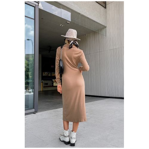 Women Lapel Slim Collar Casual Mid-length Long Sleeve Street Wear - Brown