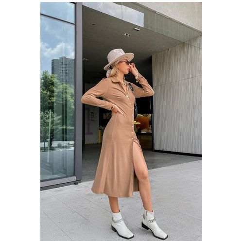 Women Lapel Slim Collar Casual Mid-length Long Sleeve Street Wear - Brown