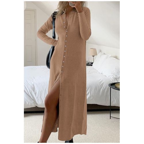 Women Lapel Slim Collar Casual Mid-length Long Sleeve Street Wear - Brown