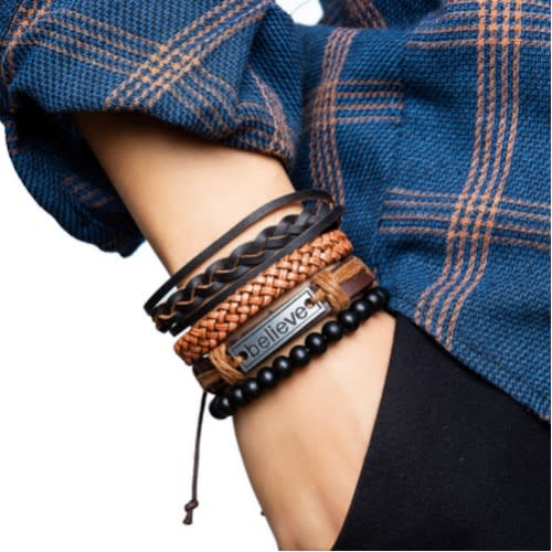 Believe Vintage Men's Multilayer Braided Leather Bracelet -4Pcs