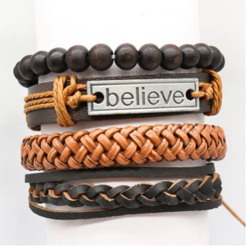 Believe Vintage Men's Multilayer Braided Leather Bracelet -4Pcs