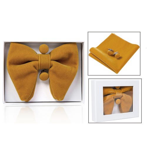 Velvet Bowtie With Cufflinks And Pocket Square  - Gold