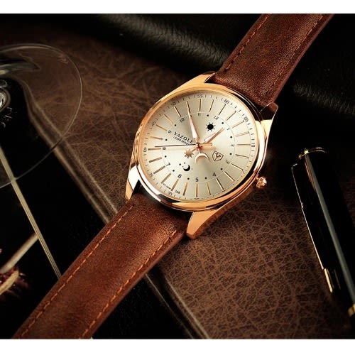 Men Leather Waterproof Wristwatch - Brown