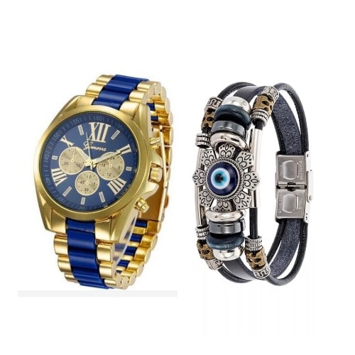 2 In 1 Women's Stainless Steel Wrist Watch With Bracelet- Blue