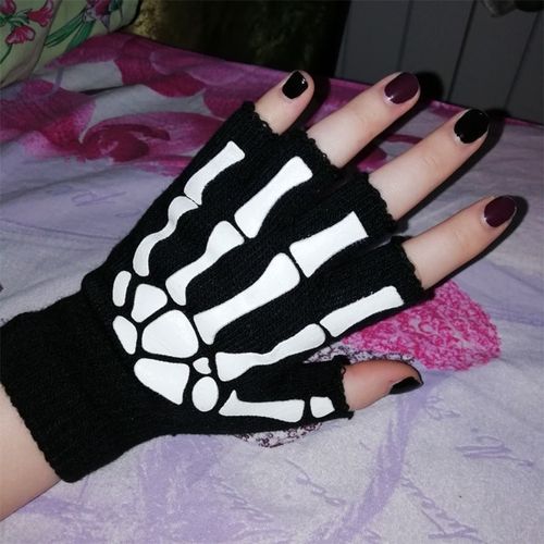 Halloween Supplies Luminous Gloves For Winter Hand Warmer Non Slip Horror Hand Bone Skull Grimace Mitten Unisex Keep Warm Gloves(#Bone Half Finger)