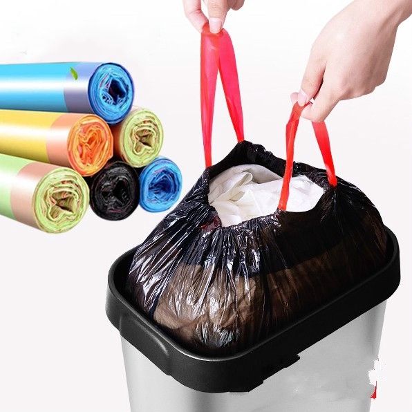 15pcs/roll Biodegradable Garbage Bag Storage Plastic Trash Bags Kitchen Garbage Box Household Disposable PE Drawstring Handles