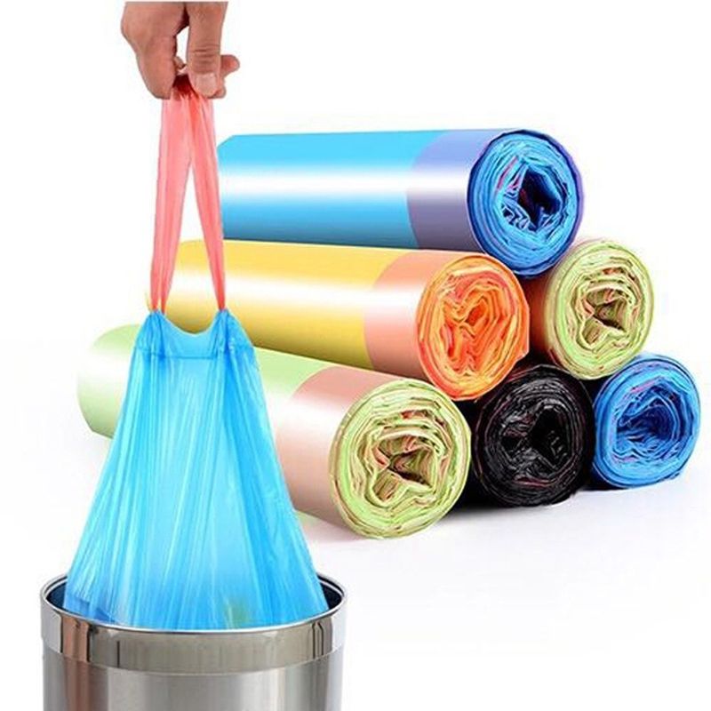 15pcs/roll Biodegradable Garbage Bag Storage Plastic Trash Bags Kitchen Garbage Box Household Disposable PE Drawstring Handles