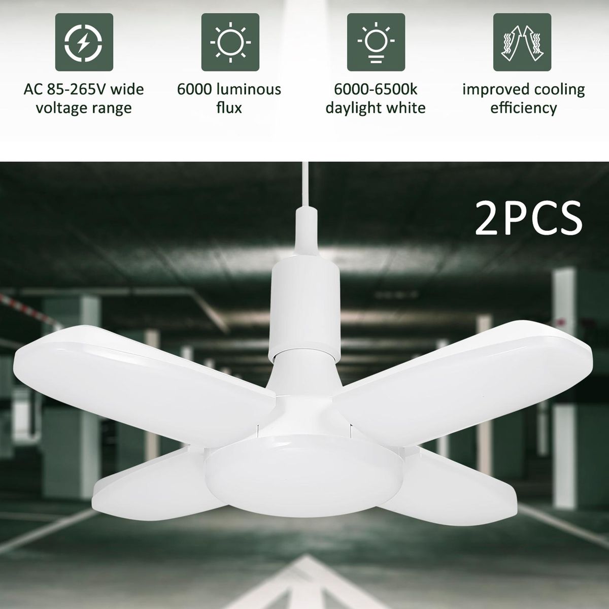 Tomshine LEDs Garage Light AC85-265V 60W Deformable Folding Ceiling Lights with 4 Adjustable Panels 6000-6500k Nature White Light for Garage Warehouse Workshop Basement Gym Kitchen
