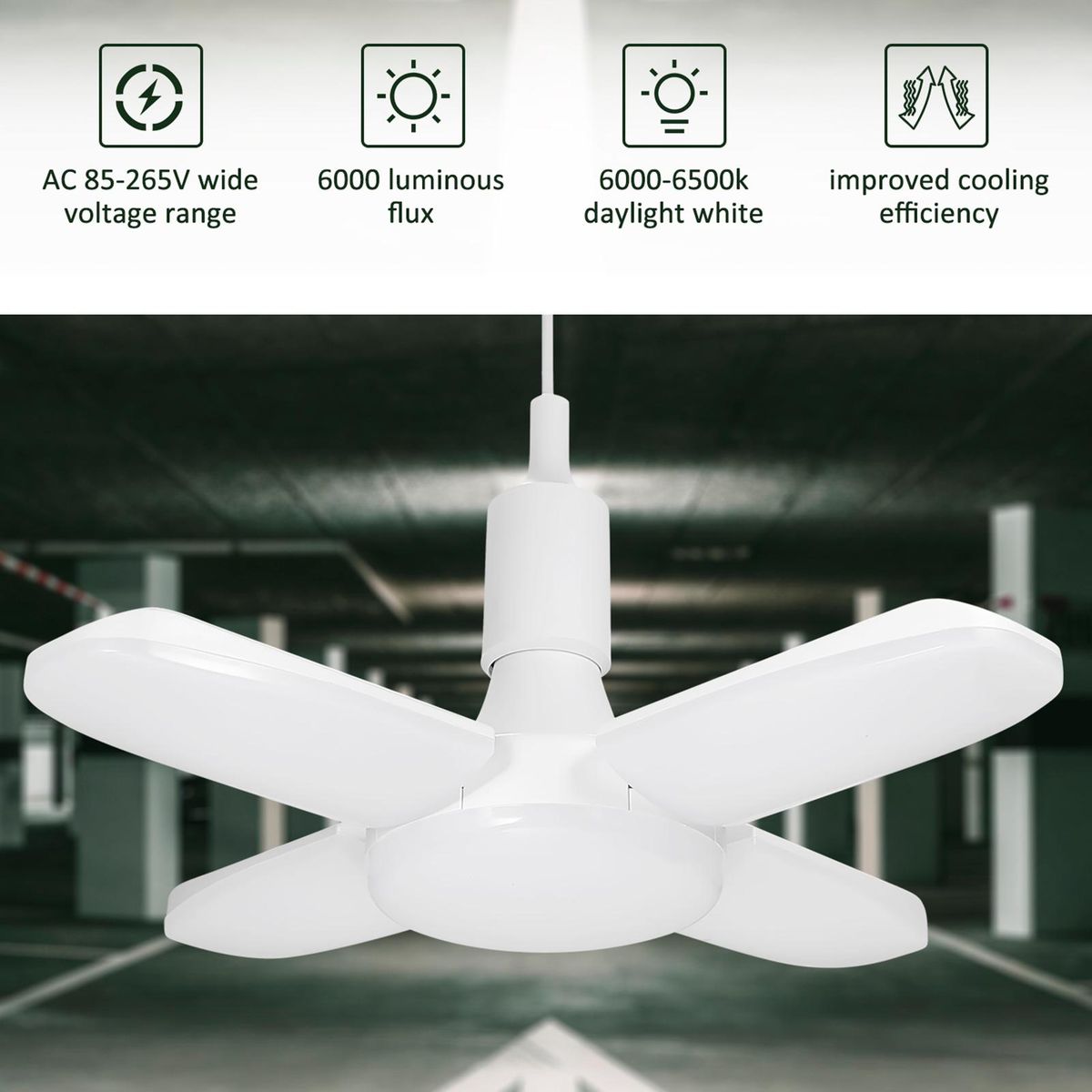Tomshine LEDs Garage Light AC85-265V 60W Deformable Folding Ceiling Lights with 4 Adjustable Panels 6000-6500k Nature White Light for Garage Warehouse Workshop Basement Gym Kitchen