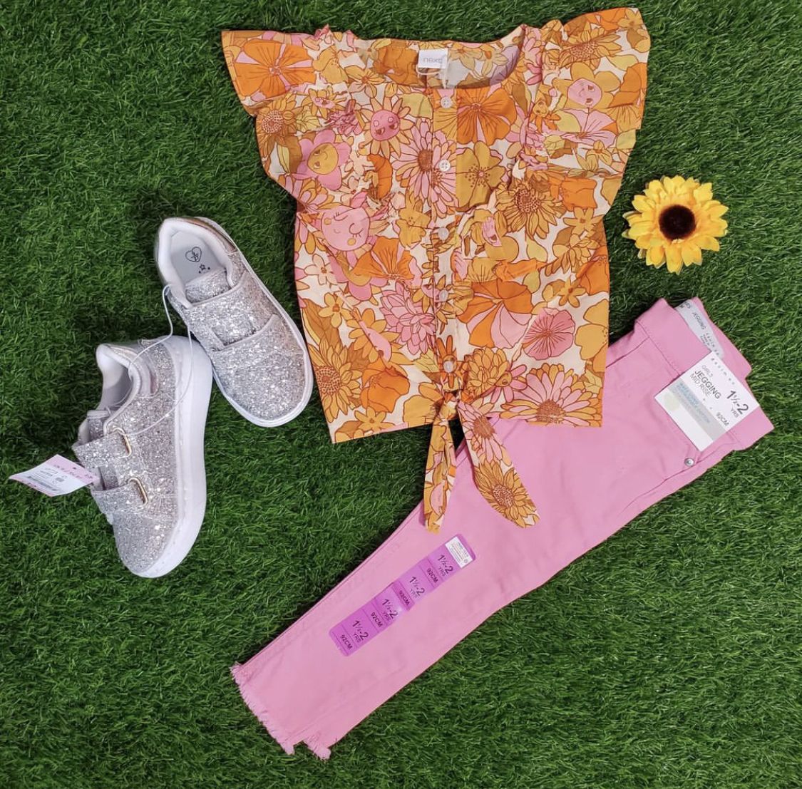 Retro Print Tie Front Blouse And Denim Co Jeggings