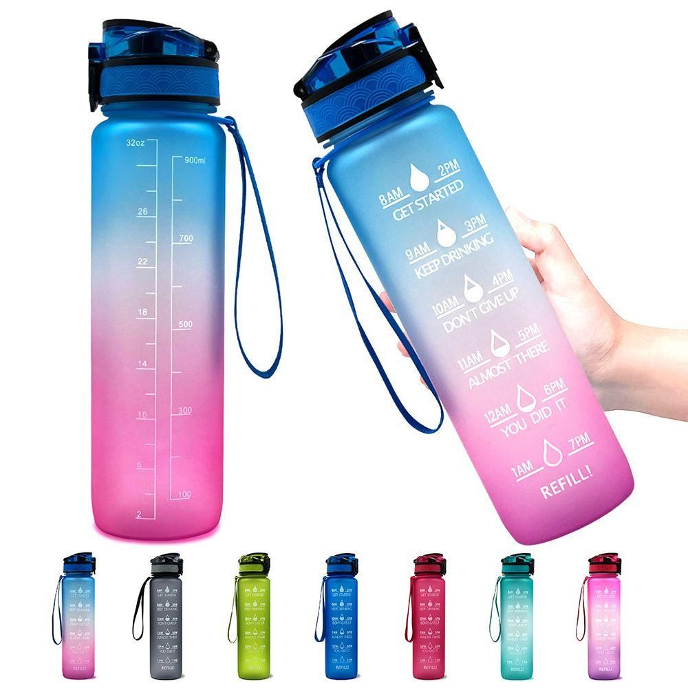 1PC 1L Sports Water Bottle With Time Marker BPA Free & Leak Proof