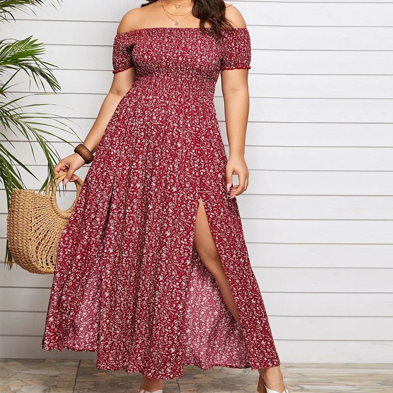 L-4XL Off The Shoulder Short Sleeve Stretchable Bust Plus Size Dress Red 2604