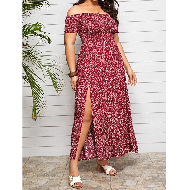 L-4XL Off The Shoulder Short Sleeve Stretchable Bust Plus Size Dress Red 2604