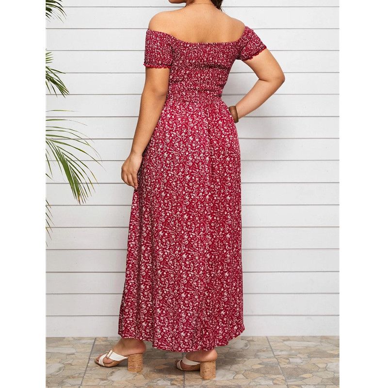 L-4XL Off The Shoulder Short Sleeve Stretchable Bust Plus Size Dress Red 2604