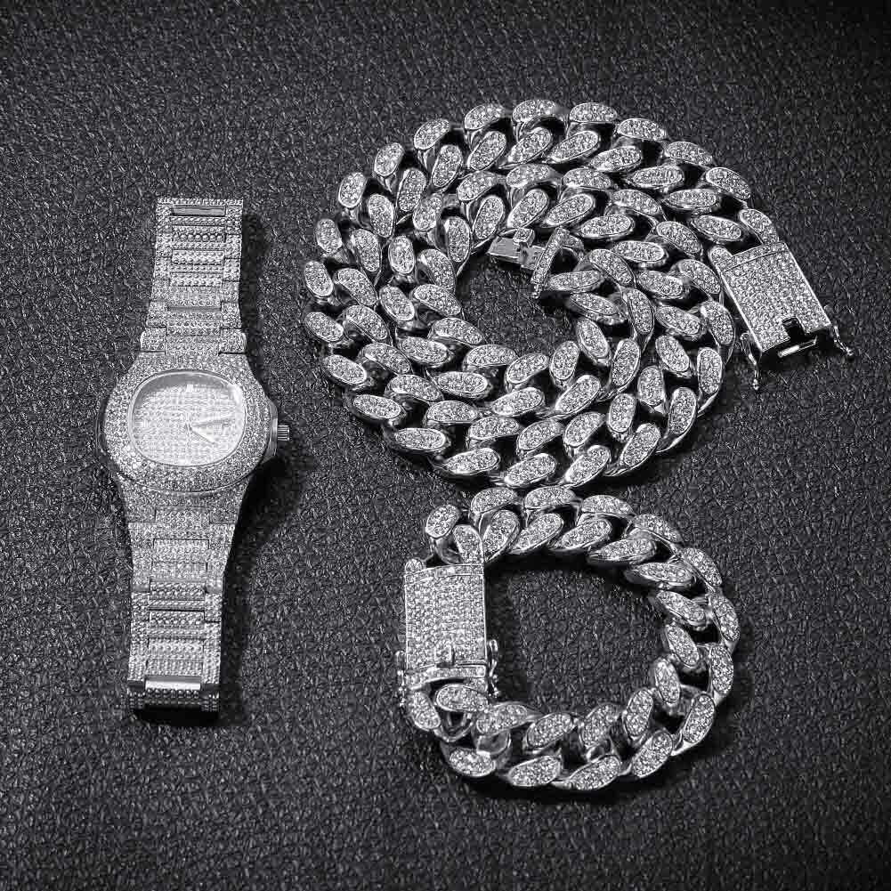 Men Hip Hop 9" Wristwatch & 8" Bracelet & 18" Cuban Necklace