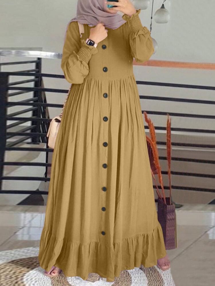 Women Solid Color Ruffles Hem Pleats Puff Sleeve Maxi Dress