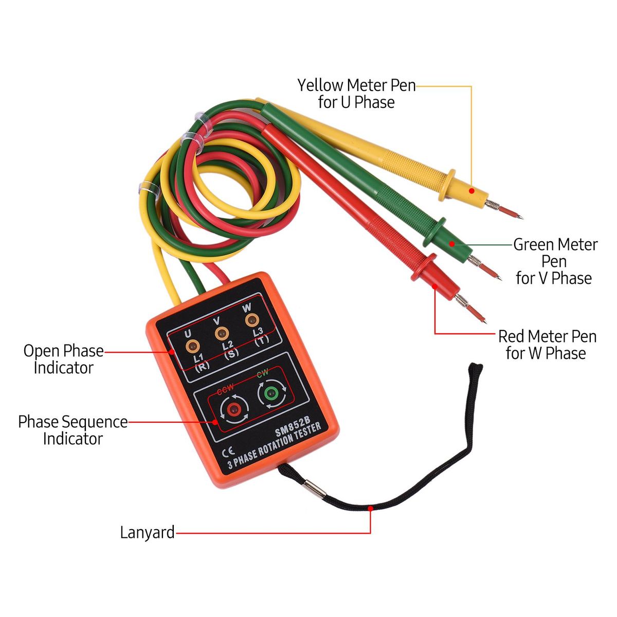 Phase Tester Portable 3 Phase Rotation Tester Phase-sequence Meter Phase-order Indicator with LED Buzzer 60V~600VAC Phase Sequence Checker