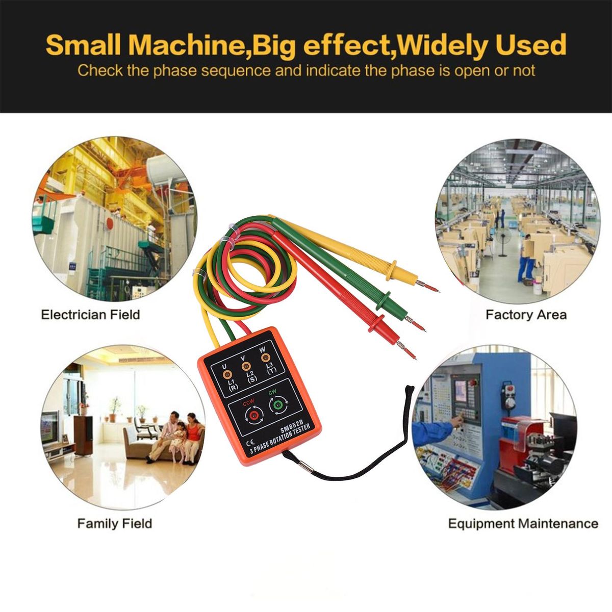 Phase Tester Portable 3 Phase Rotation Tester Phase-sequence Meter Phase-order Indicator with LED Buzzer 60V~600VAC Phase Sequence Checker