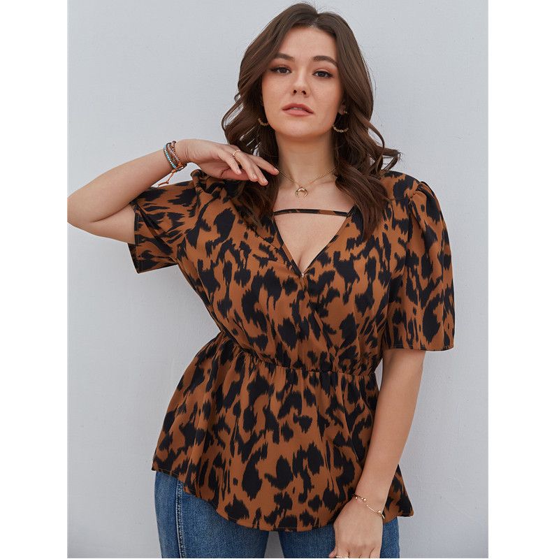 XL-4XL Women V Neck Short Sleeve Leopard Print Plus Size Blouse Caramel 2575