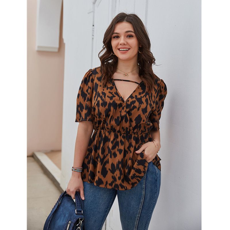 XL-4XL Women V Neck Short Sleeve Leopard Print Plus Size Blouse Caramel 2575