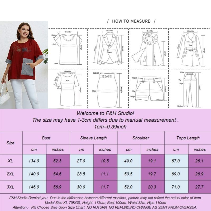 F&H 3324 XL-3XL Women Plus Size Checkered Pocket Summer Blouse Red