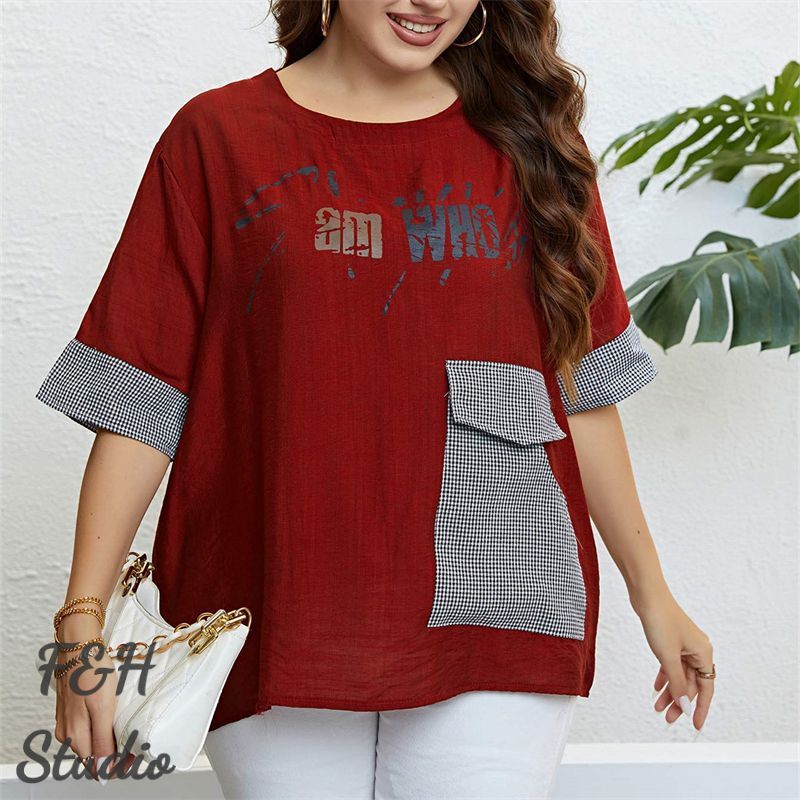F&H 3324 XL-3XL Women Plus Size Checkered Pocket Summer Blouse Red