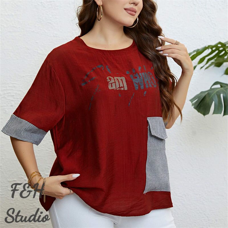 F&H 3324 XL-3XL Women Plus Size Checkered Pocket Summer Blouse Red