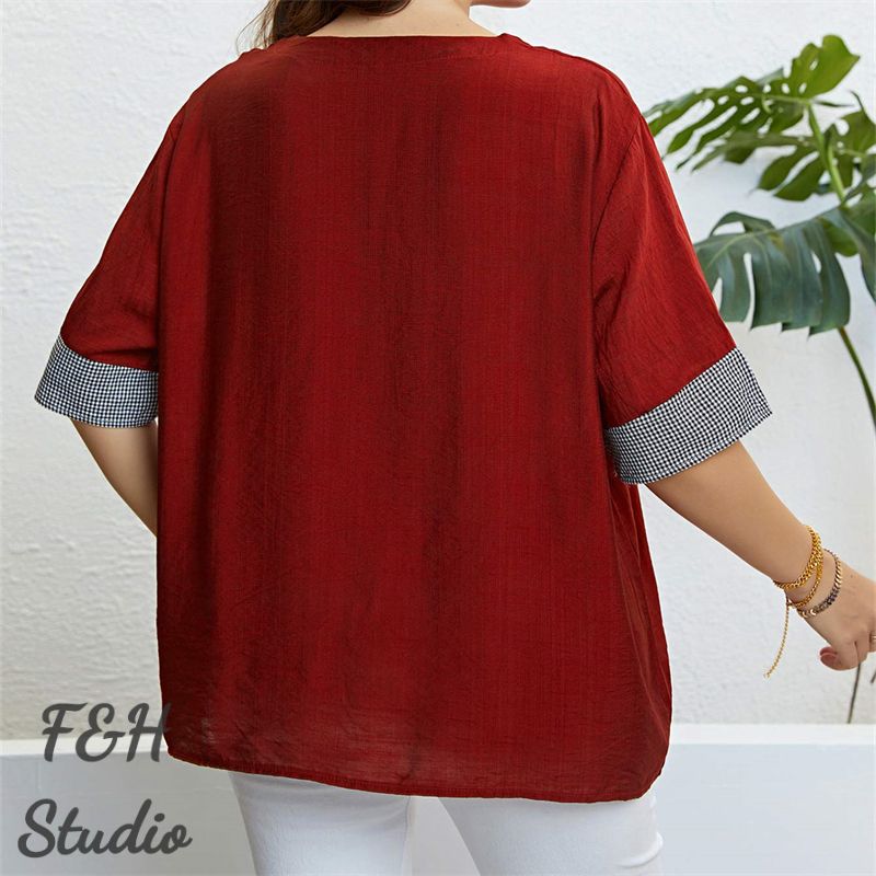 F&H 3324 XL-3XL Women Plus Size Checkered Pocket Summer Blouse Red