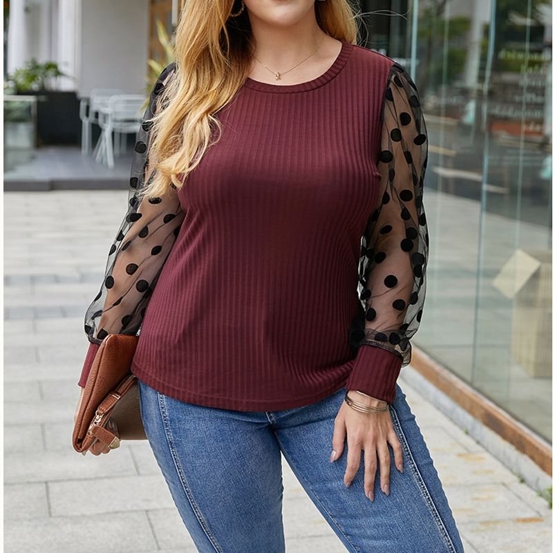XL-4XL Round Neck Polka Dot Long Sleeve Plus Size Blouse Red 2257