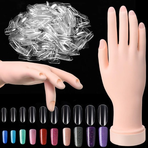 1pc Nail Art Training Practice Bendable Silicone Fake Hand + 500Pcs False Nails Tips